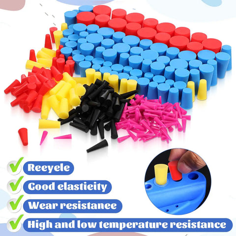 Colorful 350 Piece Silicone Rubber Hole Stopper Kit With Eight Sizes From One Sixteenth To Five Eighths Inch Tapered Plugs for Spray Painting and Hole Protection Perfect for Pro Gear and a Organized Workshop, showing vibrant plugs.