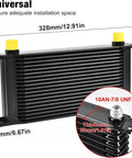 Top Shelf Slick Universal 19 Row Oil Cooler Kit With 10AN Fittings showing dimensions and connectors for installation.