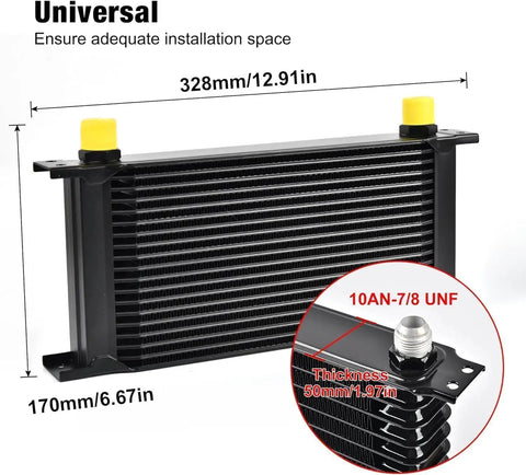 Top Shelf Slick Universal 19 Row Oil Cooler Kit With 10AN Fittings showing dimensions and connectors for installation.