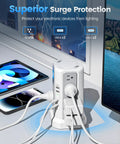 20 In 1 Surge Protector Tower With PD20W USB C Fast Charge, 16 AC Outlets And 4 USB Ports plugged in on desk