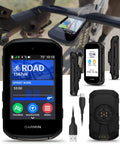 Edge 850 Compact GPS Cycling Computer With 2.7-Inch Vivid Color Touchscreen showing map and stats, with mounting and charging accessories.