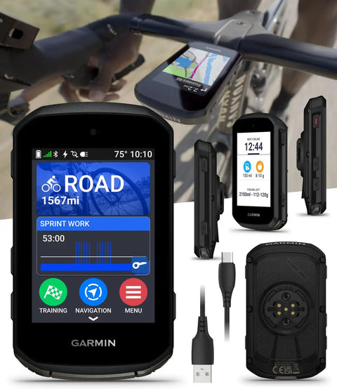 Edge 850 Compact GPS Cycling Computer With 2.7-Inch Vivid Color Touchscreen showing map and stats, with mounting and charging accessories.