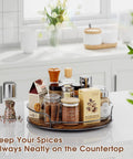 Kitchen counter with spices on a 10-inch wooden Lazy Susan from Two Pack 9 Inch And 10 Inch Wooden Lazy Susan Turntables set.