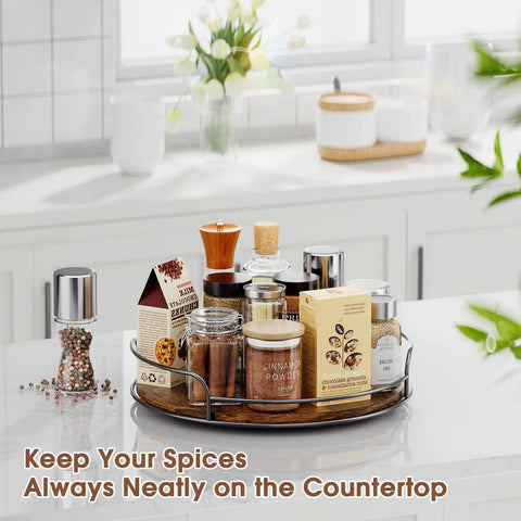 Kitchen counter with spices on a 10-inch wooden Lazy Susan from Two Pack 9 Inch And 10 Inch Wooden Lazy Susan Turntables set.