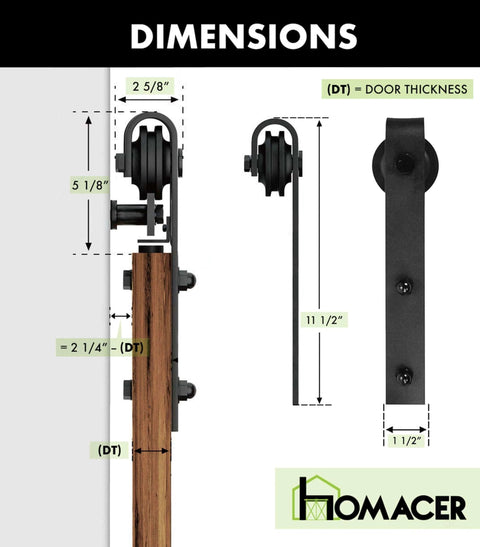 Dimensions of Rustic Black Non Bypass Sliding Barn Door Hardware Kit For One Door with roller design and heavy-duty build.