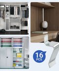 Rock Solid Steel Shelf Support Clips That Hold Up Like A Champ 16 Piece Set for garage and cabinet storage, showcasing clips and organized shelves.