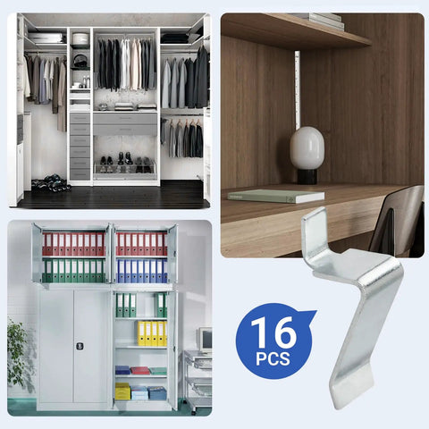 Rock Solid Steel Shelf Support Clips That Hold Up Like A Champ 16 Piece Set for garage and cabinet storage, showcasing clips and organized shelves.