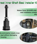 All In One Inner Axle Seal Installation Tool With Thrust Ball Bearing For Dana 30 44 60 Front Differentials Seal Installer Kit For Jeep Ford Dodge GMC Chevy Volvo Shaft Seal Tools shown vertically.