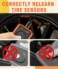 Universal Car TPMS Relearn Tool For Tire Pressure Sensor Activation And Reset being used to activate tire sensors on a wheel valve.