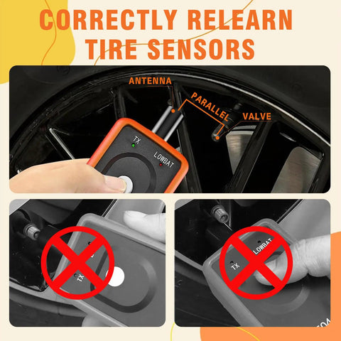 Universal Car TPMS Relearn Tool For Tire Pressure Sensor Activation And Reset being used to activate tire sensors on a wheel valve.