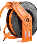 Kickass Retractable Air Hose Reel Auto Rewind 1/2 In X 50 Ft Hybrid Polymer Air Hose Max 300 Psi mounted on a sturdy bracket.