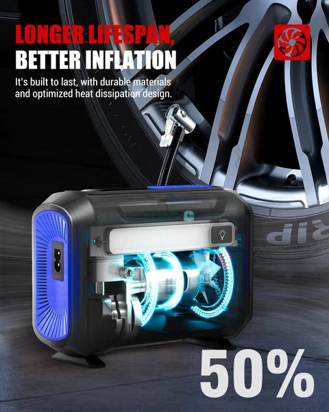 Hella Compact Tire Inflator And Portable Air Compressor Offering Straight Up Lightning Fast 40 Liters Per Minute Fill Rate With An Easy To Read Dual Digital Screen for tire inflation, showcasing durable design, glowing blue accents, and pressurized components.