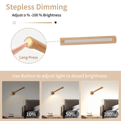 Stepless dimming of 360 Degree Rotatable Beech Wood LED Wall Lamp With Magnetic Mount USB Rechargeable Battery Operated Sconce.
