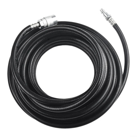 Heavy Duty 24.6 Foot PVC Air Compressor Hose With Quick Connect Fittings Sweet For Pneumatic Tools In Home Garage Setting Black 5mm ID Has Pro Grade Durability Flexibility For Everyday Workshop Set For Fast Tool Swaps And Rock Solid Air Flow. coiled black PVC air compressor hose with quick connect fittings, 24.6 ft, 5mm ID