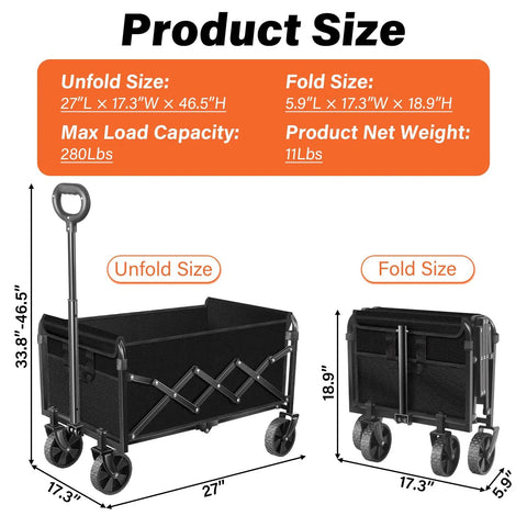 Foldable Wagon Cart With Wheels Grab And Go Lightweight 11 Lb Portable Collapsible Wagon 280 Lb Capacity for camping, unfolded and folded view