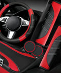 Fresh Red Six Piece Car Accessories Set Includes Universal 14.5 Inch Microfiber Leather Steering Wheel Cover and cup coasters.