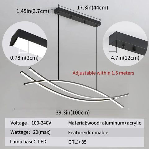 Lit Linear LED Pendant Light With Dimmable Stepless Control, modern chandelier dimensions and material details