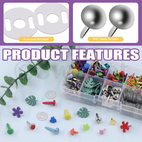 Smooth Ops With MultiColor Split Pins And Mini Brass Paper Fasteners Paired With Compact Hole Puncher 240 Piece Supply Kit showing colorful fasteners and features.
