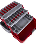 Open view of Three-Tray Tackle Box With Cantilever Design For Easy Access Large Portable Fishing Lure Storage Organizer With 32 Compartments And Removable Dividers Flip-Top Lid For Accessories Red And Gray.
