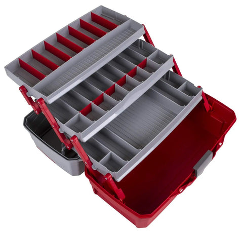 Open view of Three-Tray Tackle Box With Cantilever Design For Easy Access Large Portable Fishing Lure Storage Organizer With 32 Compartments And Removable Dividers Flip-Top Lid For Accessories Red And Gray.