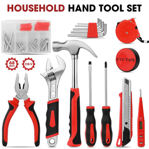 68 Piece General Household Tool Set With Ergonomic Hand Tools For DIY Home And Auto Repairs In A Durable Carrying Toolbox Case