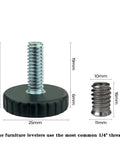 Heavy Duty 1/4 Inch Thread Adjustable Furniture Levelers For Tables Chairs And Bar Stools Screw On Foot Glides shown with dimensions.