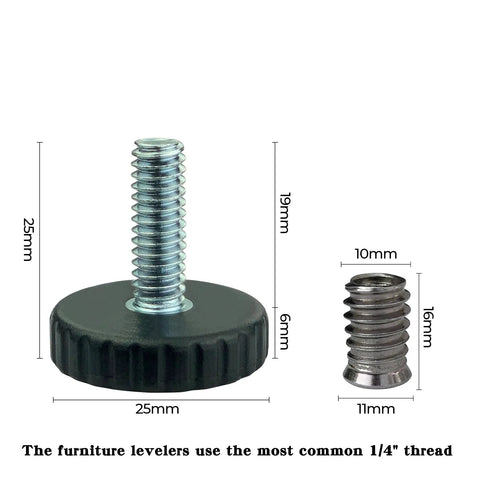 Heavy Duty 1/4 Inch Thread Adjustable Furniture Levelers For Tables Chairs And Bar Stools Screw On Foot Glides shown with dimensions.