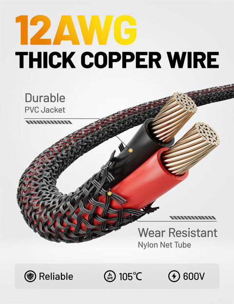 12AWG thick copper wire with PVC jacket and nylon net tube for durability, part of Straight Up Heavy Duty 2.5 Foot SAE Extension Cable.