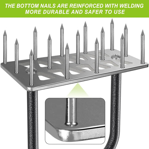 Manual Lawn Aerator Spike Tool With 15 Stainless Steel Spikes shown in close-up with reinforced welding.