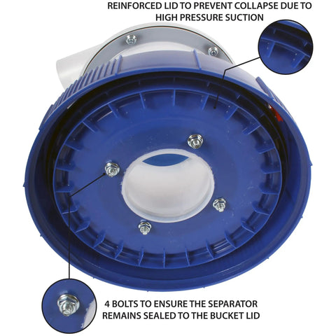 Bottom view of Assembled Quick Click Dust Separator And 5 Gallon Locking Collection Bin showing reinforced lid with bolts.