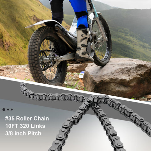 35 Roller Chain 10 Foot Kit With Chain Breaker And Five Master Links, Three Eighths Inch Pitch Carbon Steel Replacement Chain For Go Karts, Mini Bikes, Scooters, Bicycles, And General Machinery
