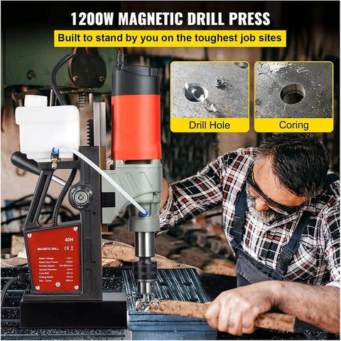 Portable Magnetic Drill Press 1100W with 1.5 Inch Boring Capacity and 2700LBS Magnetic Pull for Metalwork, shown in use on metal surface.