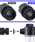 Before and after comparison of eight pack stainless steel hose filter washers with screen strainer for three quarter inch garden hose.
