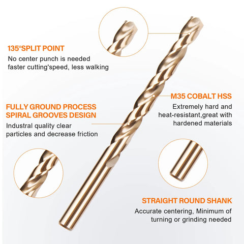 M35 Cobalt drill bit with spiral grooves, 135° split point design, precision cutting for steel and aluminum use.