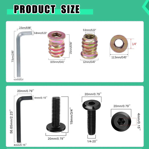 Diagram showing dimensions of Heavy Duty Wood Furniture Threaded Inserts Set 30 Pieces 1/4-20 X 15mm with hex wrench and screws