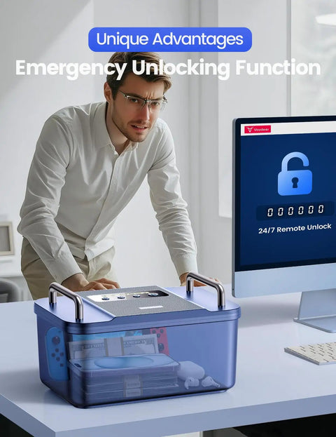 Man standing over Timed Lock Box With Dual Metal Handles To Unplug From Your Phone Video Games And Social Media A Lockable Storage Box.