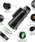 80x100 High Power Monocular Telescope With Smartphone Adapter For Grownups High Definition Clear View For Wildlife Bird Watching Travel Camping And Hiking Ideal For Outdoors Black, with focus ring, tripod connector, and 100mm lens