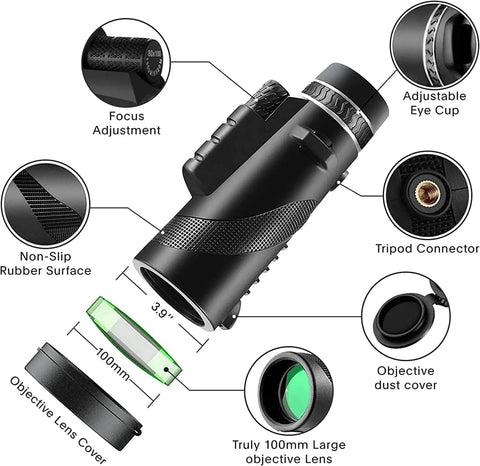 80x100 High Power Monocular Telescope With Smartphone Adapter For Grownups High Definition Clear View For Wildlife Bird Watching Travel Camping And Hiking Ideal For Outdoors Black, with focus ring, tripod connector, and 100mm lens