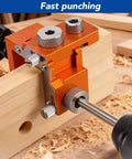 Double Hole Positioning Locator Drill Guide Jig With Adjustable Clamping For 15-25mm Board Thickness And 20-33mm Connector Length in use on wooden board.