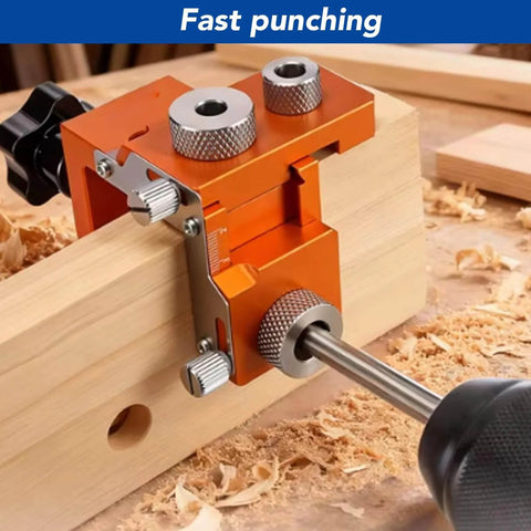 Double Hole Positioning Locator Drill Guide Jig With Adjustable Clamping For 15-25mm Board Thickness And 20-33mm Connector Length in use on wooden board.