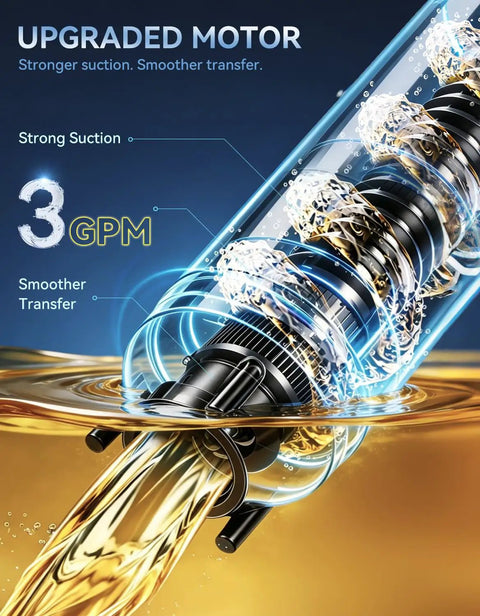 Close-up of Plug And Play Portable Rechargeable Fuel Transfer Pump, showcasing 3 GPM flow in action with upgraded motor.