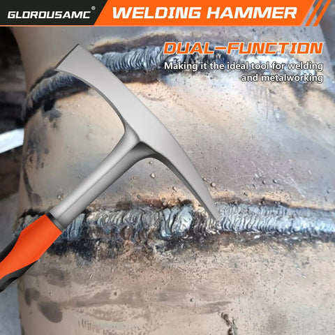 28oz Pro Grade Welding And Chipping Hammer With Slag Removal on welded metal surface