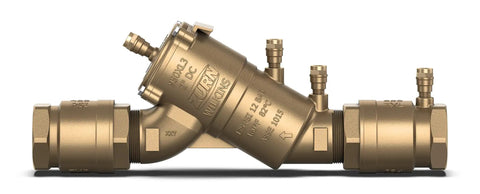 2 Inch Double Check Backflow Preventer With Union Ball Valves EZSWAP Modular Check Top Access Compact Bronze Unit For 2 Inch Piping Easy Install Quick Repairs Test Ports Centerline Pro Grade Water Safety Valve For Home Or Trade, bronze body with test ports