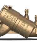 Two Inch Bronze Double Check Backflow Preventer With Quick Turn Ball Valves And Stainless Steel Handles showing compact design and connections.