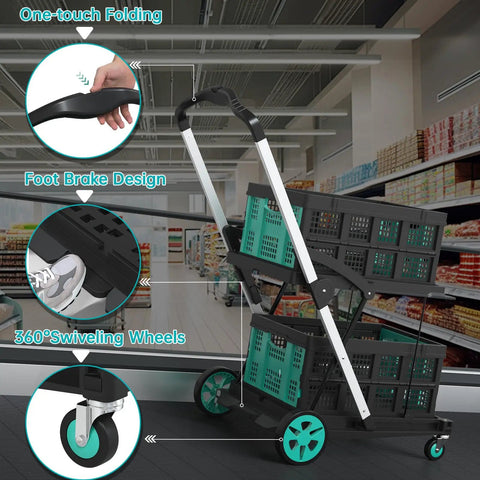 Heavy Duty Foldable Grocery Cart With 2 Storage Crates, 350 Lb Capacity shown with aluminum frame and features in supermarket