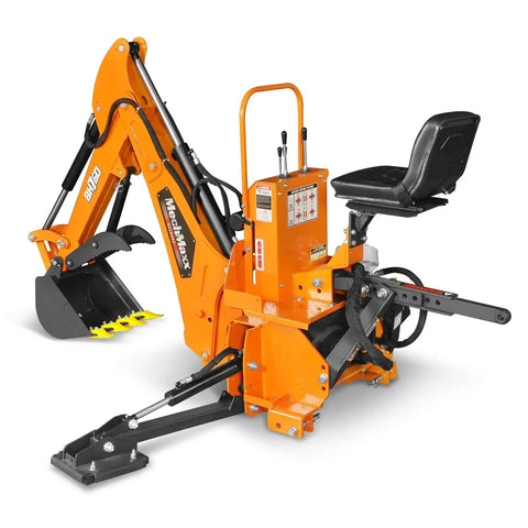 Side view of Eight Foot Digging Depth Tractor Backhoe Attachment Heavy Duty With Mechanical Thumb 15 Inch Bucket Self Contained Hydraulic System