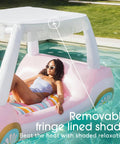Oversized Inflatable Golf Cart Pool Float With Removable Fringe Canopy And Retro Styling, featuring removable shade for summer lounging.