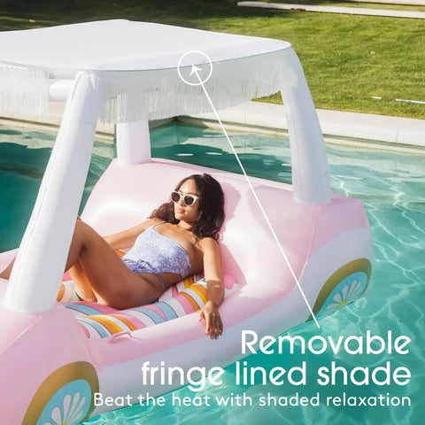 Oversized Inflatable Golf Cart Pool Float With Removable Fringe Canopy And Retro Styling, featuring removable shade for summer lounging.
