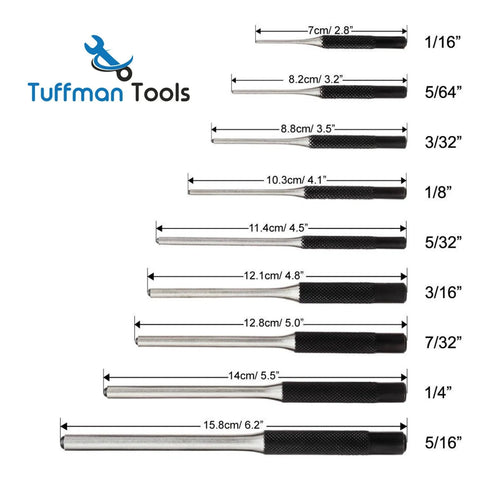 Roll Pin Punch Set 9 Piece For Gunsmithing Tool Kit Building And Watch Repair showing all sizes from 1/16" to 5/16"