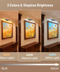 Three tone settings of the Twenty Four Inch Wireless Picture Light For Wall Rechargeable Art Lamp illuminating artwork.